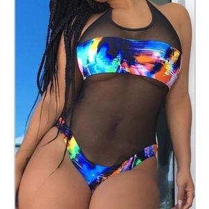 NWT Multicolor With Mesh Cutout’s One Piece Swimsuit Womens Small Medium Large
